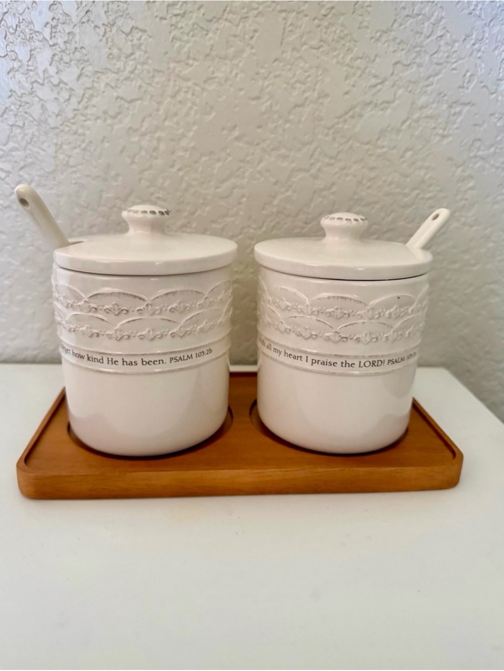 Mary & Martha Psalm 103:2 Ceramic Condiment Set with Wooden Tray